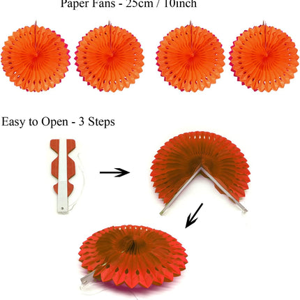 Petluno Party Decorations, orange 21 hanging paper fans, pom-pom flowers, streamers string polka dot and triangular flags Orange.