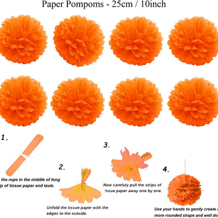 Petluno Party Decorations, orange 21 hanging paper fans, pom-pom flowers, streamers string polka dot and triangular flags Orange.