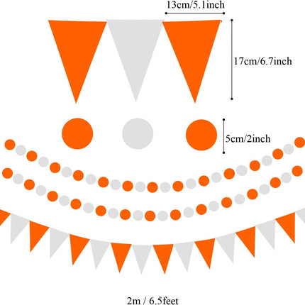 Petluno Party Decorations, orange 21 hanging paper fans, pom-pom flowers, streamers string polka dot and triangular flags Orange.