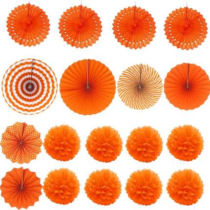 Petluno Party Decorations, orange 21 hanging paper fans, pom-pom flowers, streamers string polka dot and triangular flags Orange.
