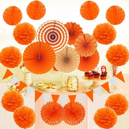Petluno Party Decorations, orange 21 hanging paper fans, pom-pom flowers, streamers string polka dot and triangular flags Orange.