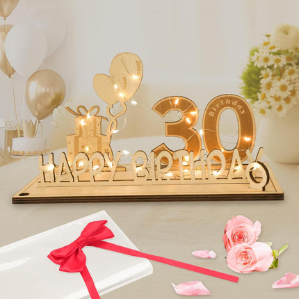 Original 30th birthday money gift wooden anniversary guest book present for men and women with LED light chain, butterfly ribbon wrapping paper 30.