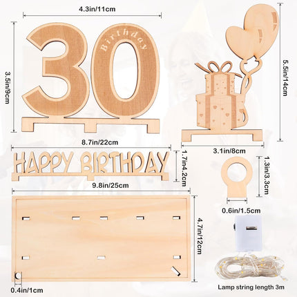 Original 30th birthday money gift wooden anniversary guest book present for men and women with LED light chain, butterfly ribbon wrapping paper 30.