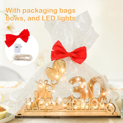 Original 30th birthday money gift wooden anniversary guest book present for men and women with LED light chain, butterfly ribbon wrapping paper 30.
