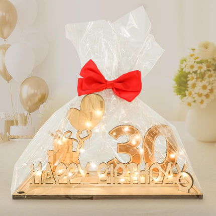 Original 30th birthday money gift wooden anniversary guest book present for men and women with LED light chain, butterfly ribbon wrapping paper 30.