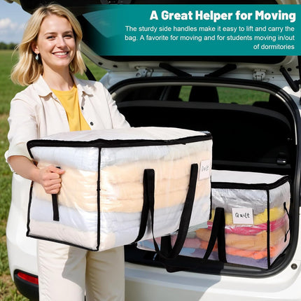 2 Pack 90L Clothes Storage Bags with Lids Clear Moving Bags Heavy Duty Totes for College Dorm Storage, Camping Travel Packing, Home Garage Organisation & Seasonal Bedding 2 Pack.