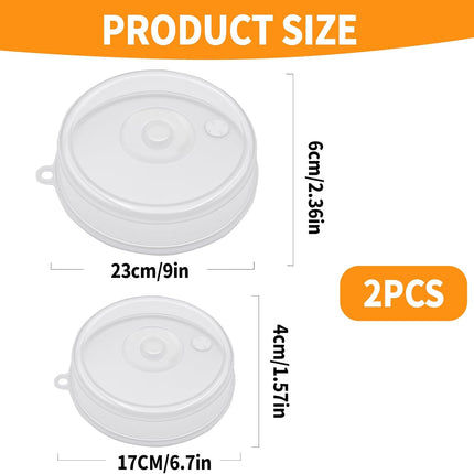 2 pieces of microwave covers, microwave cover for heating food, 23 cm and 17 cm, transparent, microwave lid with adjustable steam ventilation to prevent splatters.