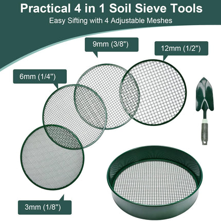 Garden sieve, soil sieve with interchangeable mesh sizes 3, 6, 9 and 12 mm, perfect garden tool for sifting soil, stones and compost..