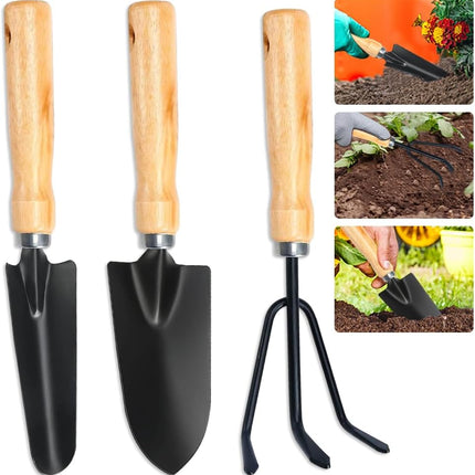 Garden tool set, 3-piece high-performance garden set with garden trowel, Frankfurter shovel and hand rake, mini-plant, garden tool, wooden handle for planting flowers and grass.