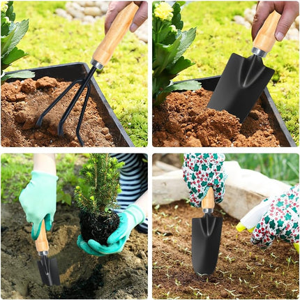 Garden tool set, 3-piece high-performance garden set with garden trowel, Frankfurter shovel and hand rake, mini-plant, garden tool, wooden handle for planting flowers and grass.