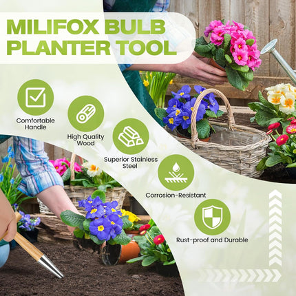 Flower bulbs, plant stakes, flower bulbs with T-grip, bulb planting aids, onion sets, garden vegetables, flowers and tulip bulbs.