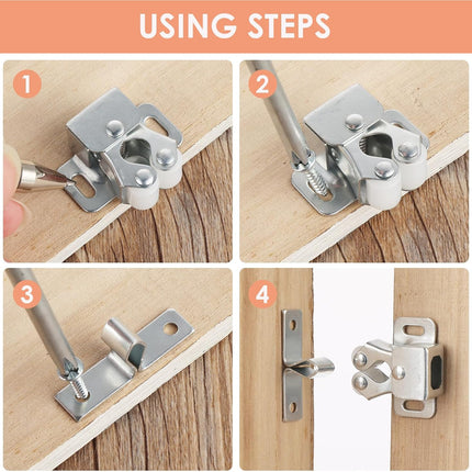 Petluno 6 pack double roller cabinet lock, roller catch hardware for cupboard kitchen cabinet door locks, cabinet door locks and latches with screws, silver.