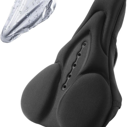 Bike Seat Cushion, Bicycle Cover for Comfort, Gel Padded Saddle Protector with Rain Cover, 28 x 17.7 cm, Compatible with Narrow Outdoor & Indoor Saddles for Men and Women, Black.
