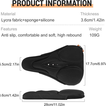 Bike Seat Cushion, Bicycle Cover for Comfort, Gel Padded Saddle Protector with Rain Cover, 28 x 17.7 cm, Compatible with Narrow Outdoor & Indoor Saddles for Men and Women, Black.