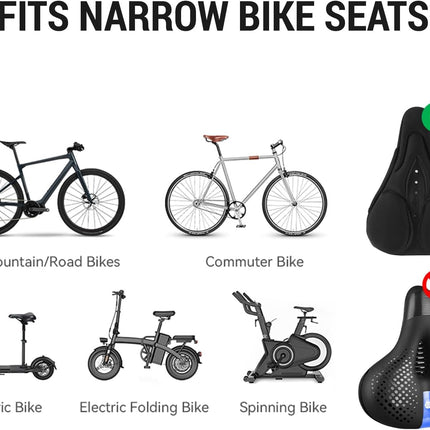 Bike Seat Cushion, Bicycle Cover for Comfort, Gel Padded Saddle Protector with Rain Cover, 28 x 17.7 cm, Compatible with Narrow Outdoor & Indoor Saddles for Men and Women, Black.