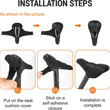 Bike Seat Cushion, Bicycle Cover for Comfort, Gel Padded Saddle Protector with Rain Cover, 28 x 17.7 cm, Compatible with Narrow Outdoor & Indoor Saddles for Men and Women, Black.