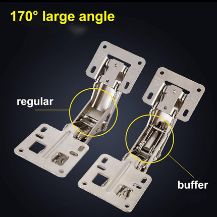 Spring-loaded hinge, 170 degrees, for kitchen cabinets, door hinges, large angle door hinges, angle stop, self-closing hinge, 4 pieces, improved version with buffer damping.