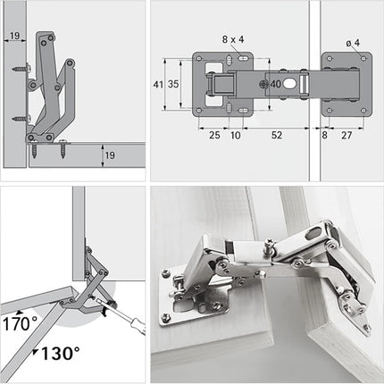 Spring-loaded hinge, 170 degrees, for kitchen cabinets, door hinges, large angle door hinges, angle stop, self-closing hinge, 4 pieces, improved version with buffer damping.