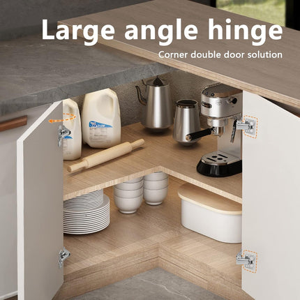 Spring-loaded hinge, 170 degrees, for kitchen cabinets, door hinges, large angle door hinges, angle stop, self-closing hinge, 4 pieces, improved version with buffer damping.