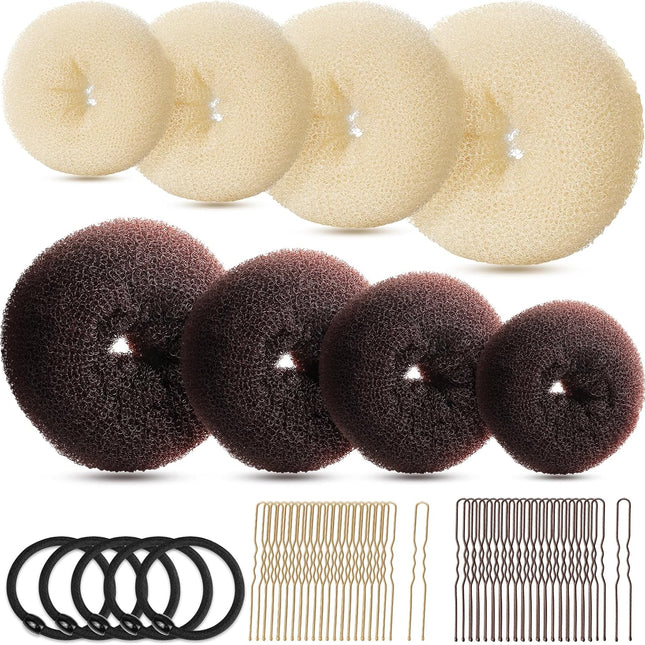 Hair Bun Maker Set, Donut Bun Maker Set With 4pcs Dark Brown &4pcs Beige(2 extra-large,2 large,2 medium and 2 small), 5 pieces Hair Elastic Bands, 40 pieces Hair Bobby Pins (Brown and Gold).