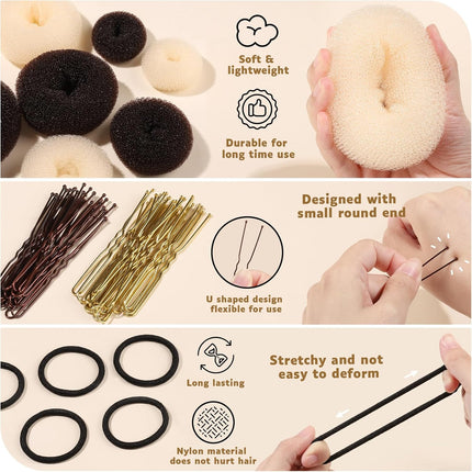 Hair Bun Maker Set, Donut Bun Maker Set With 4pcs Dark Brown &4pcs Beige(2 extra-large,2 large,2 medium and 2 small), 5 pieces Hair Elastic Bands, 40 pieces Hair Bobby Pins (Brown and Gold).