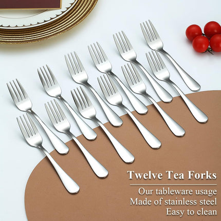 Dessert Forks Set of 12 Pack, Stainless Steel Pastry Fork, Family Appetizer Fork for Fruit, Cake, Cheese, Party Trips, Cafes, Restaurants, Easy to Clean, Dishwasher Safe.