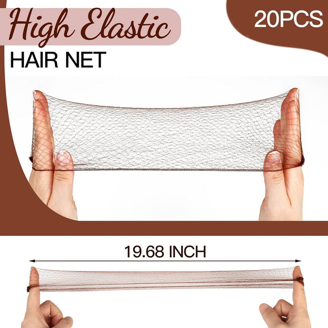 Hair Accessories Set: 20PCS Mesh Hair Nets Invisible and 40PCS U Shaped Hair Pins for Women, Girls, Ballet Bun Maker & Dance (Hair Nets- 20 inch(50cm), Hair Pins- 2.4 inch(6cm)), Brown.