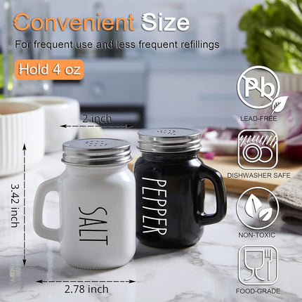 Salt and Pepper Shakers Set,  4 oz Cute Salt Pepper Shaker, Kitchen Decor for Home Restaurants Wedding, Glass Black White Shaker Sets with Stainless Steel Lids.