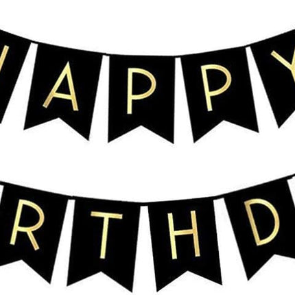 Black Happy Birthday Bunting Banner with Shiny Gold Letters Party Supplies.