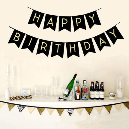 Black Happy Birthday Bunting Banner with Shiny Gold Letters Party Supplies.