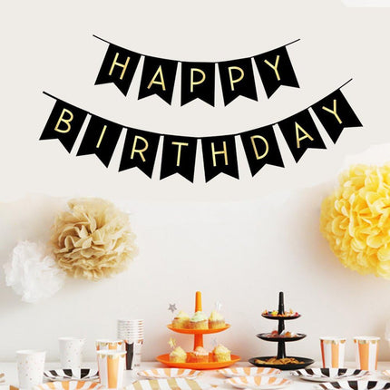 Black Happy Birthday Bunting Banner with Shiny Gold Letters Party Supplies.