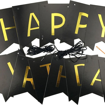 Black Happy Birthday Bunting Banner with Shiny Gold Letters Party Supplies.