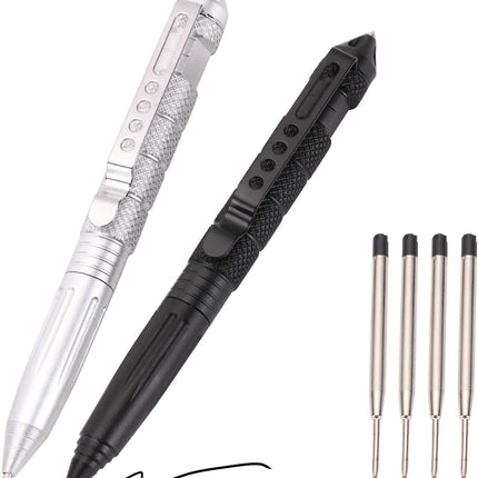 2 Pack Military Tactical Pen Set with 6 Black Ballpoint Refills for Writing, Made of Tungsten Steel & Aluminum (Black & Silver).