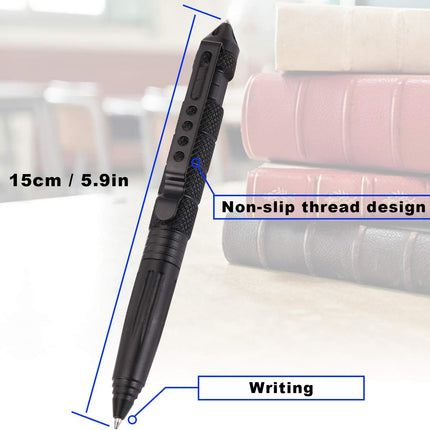 2 Pack Military Tactical Pen Set with 6 Black Ballpoint Refills for Writing, Made of Tungsten Steel & Aluminum (Black & Silver).