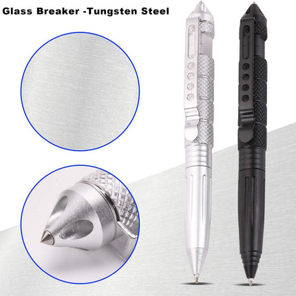 2 Pack Military Tactical Pen Set with 6 Black Ballpoint Refills for Writing, Made of Tungsten Steel & Aluminum (Black & Silver).