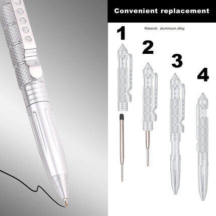 2 Pack Military Tactical Pen Set with 6 Black Ballpoint Refills for Writing, Made of Tungsten Steel & Aluminum (Black & Silver).