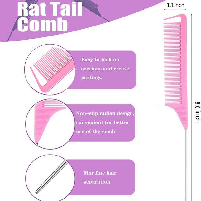 Hair Loop Styling Tool Set with 1000 Pcs Clear Mini Elastic Hair Bands 1 Pcs Rat Tail Combs for Braiding Styling 2 Pcs Hair Pull Through Tool 1 Pcs Hair Band Cutter - Pink.