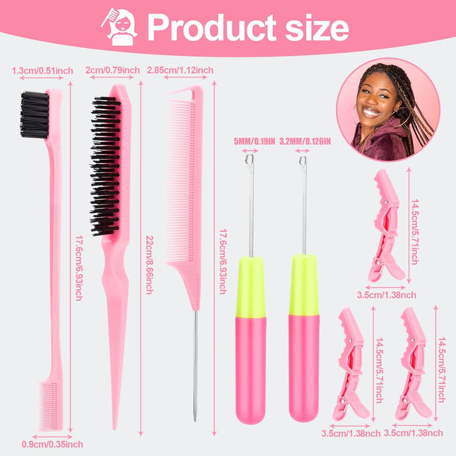 Crochet Hooks for Hair with 2pcs Crochet Needle, 1pcs Edge Brush, 1pcs Bristle Hair Brush, 1pcs Rat Tail Comb, 3pcs Gator Clips Crochet Needle for Passion Twist Crochet Hair Extensions.