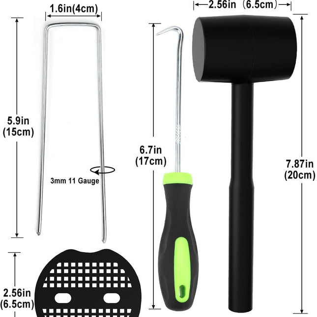 102Pcs 6 Inches Landscape Staples with Gasket Kit. 50Pcs U-Shaped Garden Stakes and Plastic Fixing Gasket, with Pick Hook and Black Hammer. Pins for Tent Turf Weed Barrier Fabric Hose Fence.