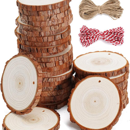 32pcs 2.8-3.2 inches Natural Wood Slices, Unfinished Predrilled Wood Rounds with Hole Thickened Wood Cookies Coasters with Bark for DIY Christmas Ornaments Wedding Decorations Craft Supplies
