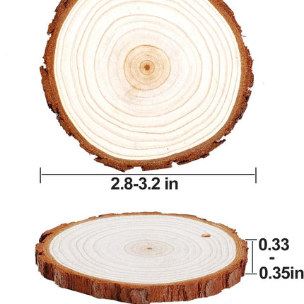 32pcs 2.8-3.2 inches Natural Wood Slices, Unfinished Predrilled Wood Rounds with Hole Thickened Wood Cookies Coasters with Bark for DIY Christmas Ornaments Wedding Decorations Craft Supplies.