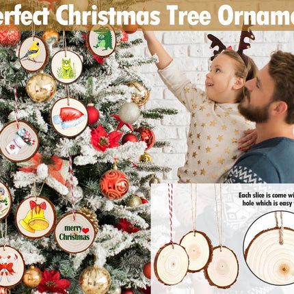 32pcs 2.8-3.2 inches Natural Wood Slices, Unfinished Predrilled Wood Rounds with Hole Thickened Wood Cookies Coasters with Bark for DIY Christmas Ornaments Wedding Decorations Craft Supplies.