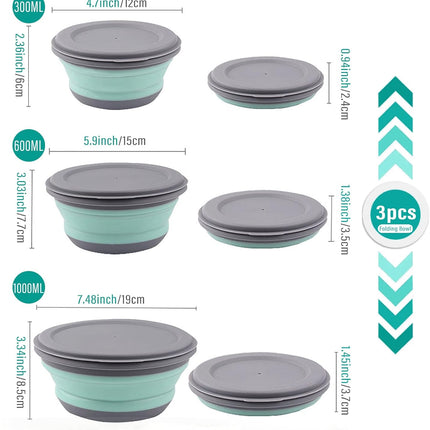 Collapsible Bowls, 3pcs Food Grade Silicone Camping Bowl Salad Bowl with lids, Portable Expandable Lunch Box Food Storage Container for Camping Travel and Picnic.