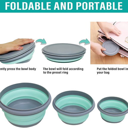 Collapsible Bowls, 3pcs Food Grade Silicone Camping Bowl Salad Bowl with lids, Portable Expandable Lunch Box Food Storage Container for Camping Travel and Picnic.