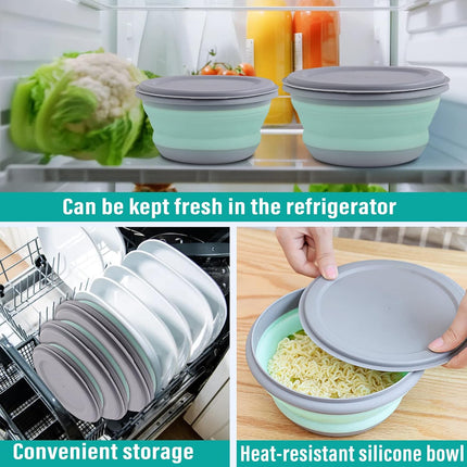 Collapsible Bowls, 3pcs Food Grade Silicone Camping Bowl Salad Bowl with lids, Portable Expandable Lunch Box Food Storage Container for Camping Travel and Picnic.