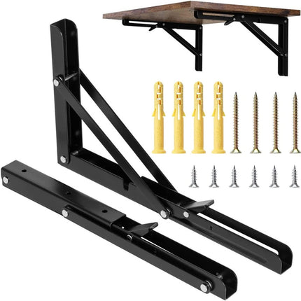 2 Pack 12 Inch Folding Shelf Brackets,  Heavy Duty Metal Wall Mounted Triangle Table Bench Max Load 220lb Collapsible Shelf Hinge with Screws for DIY Bracket, Work Table & Bench.