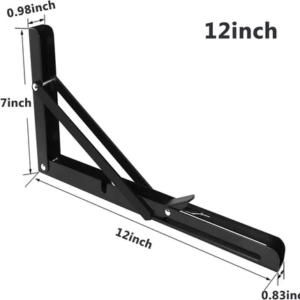 2 Pack 12 Inch Folding Shelf Brackets,  Heavy Duty Metal Wall Mounted Triangle Table Bench Max Load 220lb Collapsible Shelf Hinge with Screws for DIY Bracket, Work Table & Bench.