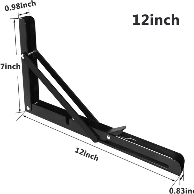 2 Pack 12 Inch Folding Shelf Brackets,  Heavy Duty Metal Wall Mounted Triangle Table Bench Max Load 220lb Collapsible Shelf Hinge with Screws for DIY Bracket, Work Table & Bench.