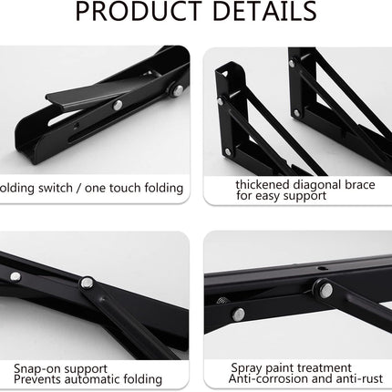 2 Pack 12 Inch Folding Shelf Brackets,  Heavy Duty Metal Wall Mounted Triangle Table Bench Max Load 220lb Collapsible Shelf Hinge with Screws for DIY Bracket, Work Table & Bench.