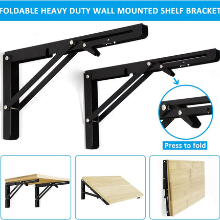 2 Pack 12 Inch Folding Shelf Brackets,  Heavy Duty Metal Wall Mounted Triangle Table Bench Max Load 220lb Collapsible Shelf Hinge with Screws for DIY Bracket, Work Table & Bench.